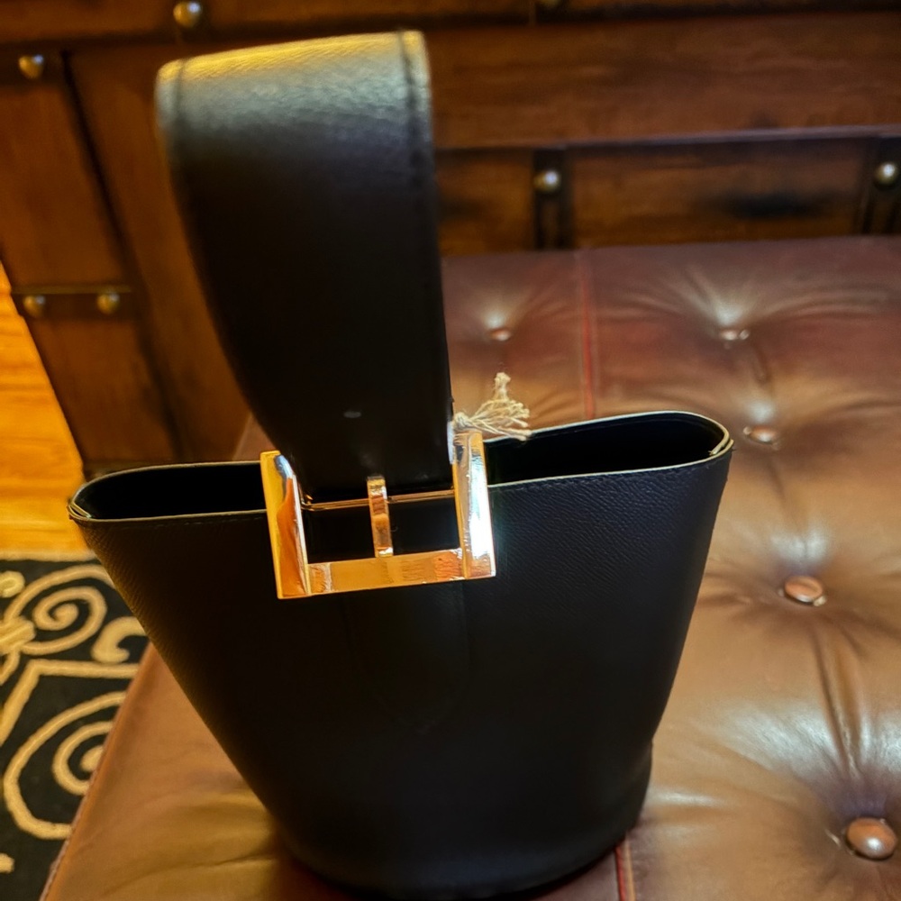 Black Leatherette Bucket Bag with Statement Gold Buckle